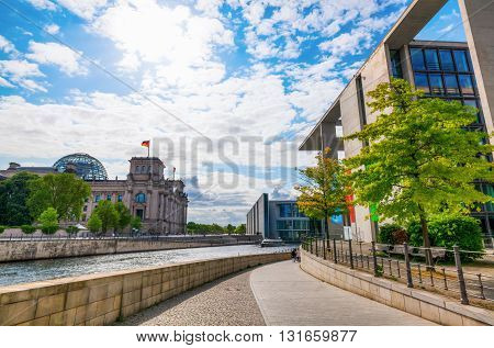 Spreebogen In Berlin With Buildings Of The German Bundestag