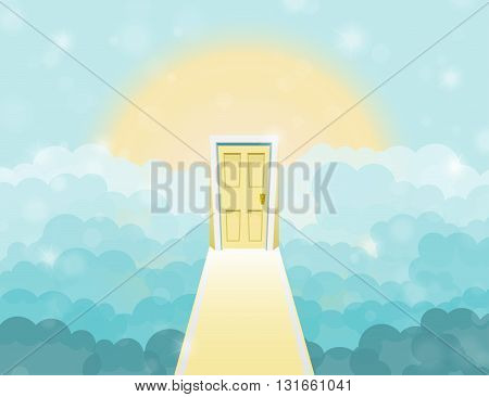 Cartoon Door To Heaven In The Sky. Vector Illustration