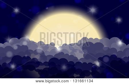 Cartoon Night Shining Cloudy Sky With Moon. Vector Illustration