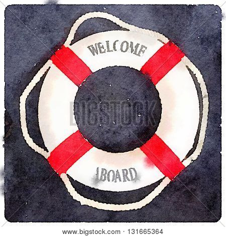 A digital watercolor of a life buoy with red stripes and Welcome Aboard text.