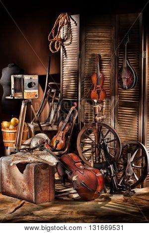 Old photocamera violins on a studio background