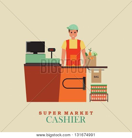 Cashier man smiles and standing in supermarket Sales clerk working with customers at the technology store or departmentFlat vector illustration.