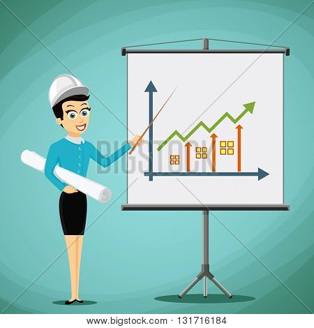 Woman engineer showing on the board a graph of real estate growth. Stock vector illustration.