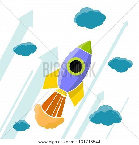 Rocket is flying in the clouds. Stock vector illustration.