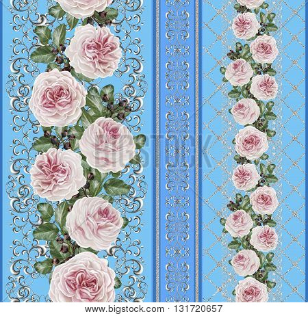 Vertical floral border. Pattern seamless. Old style gold border gold mosaic. Flower garland of pink camellias on a silver background. Silver weave.