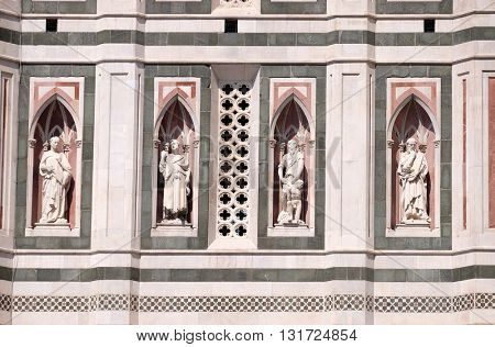 FLORENCE, ITALY - JUNE 05: The Beardless Prophet, The Bearded Prophet, Abraham Sacrificing Isaac, The Thinker, Campanile (Bell Tower) of Cattedrale di Santa Maria del Fiore, Florence, on June 05, 2015