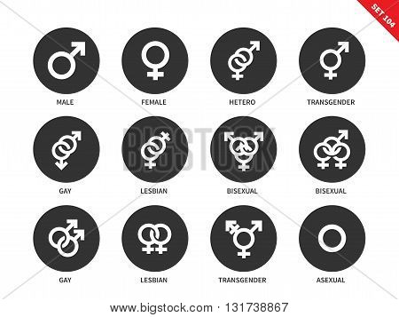 Sexual orientation vector icons set. Gender and sex concept. Items for banners, male, female, hetero, bisexual, transgender, lesbian, asexual, gay. Isolated on white background