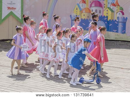 Rostov-on-Don Russia- May 222016: Performance talented girls dance ensemble on the stage of the V. Cherevichkin Park