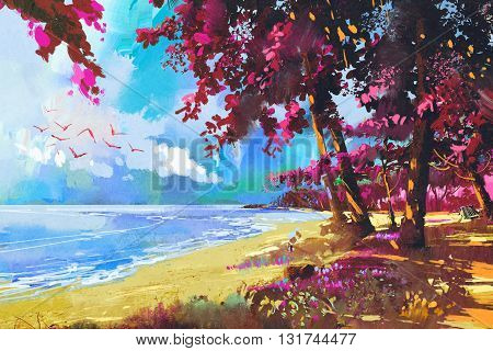 pink trees on the beachsummer, landscape illustration