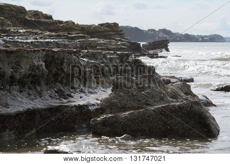 Beach rocks eroded by the sea in New Zealand