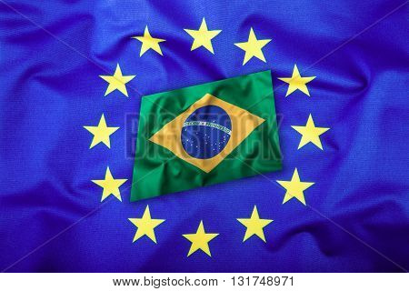 Flags of the Brasil and the European Union. Brasil Flag and EU Flag. Brasilian Flag inside stars. World flag concept.