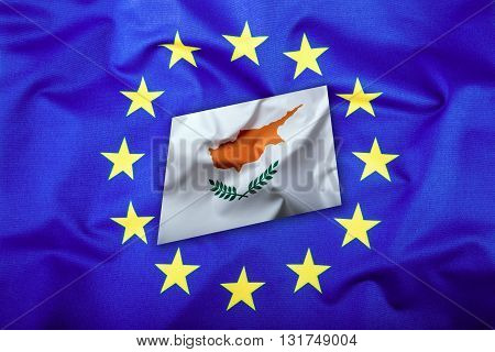 Flags of the Cyprus and the European Union. Cyprus Flag and EU Flag. Flag inside stars. World flag money concept.