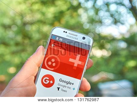 MONTREAL CANADA - MAY 23 2016 : Google Plus application on Samsung S7 screen. Google Plus is an interest-based social network that is owned and operated by Google Inc.