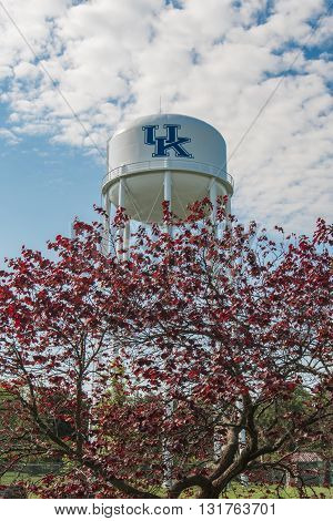 LEXINGTON KENTUCKY: May 5 2016. The University of Kentucky logo on a water tower in the Botanical Gardens space next to campus