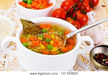 Soup with Chicken Broth with Rice and Vegetables Studio Photo
