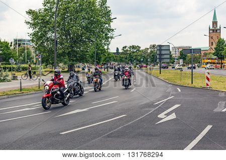 Berlin, Germany - May 28, 2016: Motorcycle parade in Berlin against violance. Motocycle demonstration on Potsdamer platz in Berlin