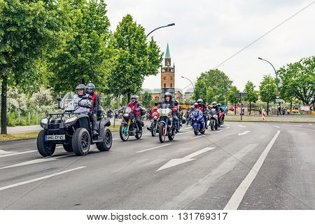 Berlin, Germany - May 28, 2016: Motorcycle parade in Berlin against violance. Motocycle demonstration on Potsdamer platz in Berlin