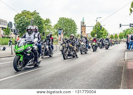Berlin, Germany - May 28, 2016: Motorcycle parade in Berlin against violance. Motocycle demonstration on Potsdamer platz in Berlin
