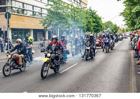 Berlin, Germany - May 28, 2016: Motorcycle parade in Berlin against violance. Motocycle demonstration on Potsdamer platz in Berlin