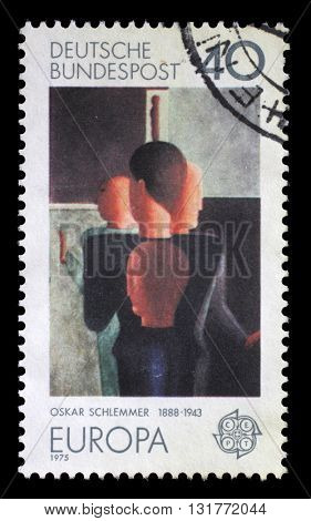 ZAGREB, CROATIA - JULY 03: A stamp printed in Germany shows the abstract painting by Oskar Schlemmer, german painter, sculptor, designer, Bauhaus school, circa 1975, on July 03, 2014, Zagreb, Croatia