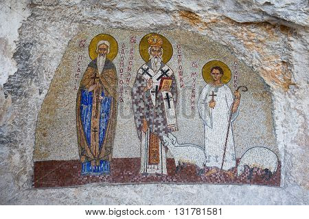 Mosaics in Ostrog monastery Montenegro. Ostrog monastery is the most popular pilgrimage place in Montenegro.