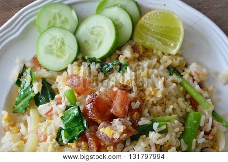 fried rice with slice Chinese sausage on dish