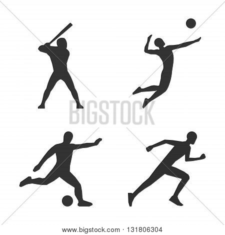 Vector black volleyball icon. Soccer players black silhouette. Modern running logo. Cool vector baseball player silhourttes.