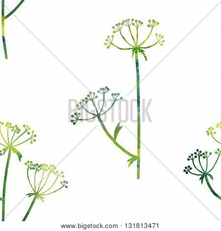 floral seamless pattern with green dill plants drawing in watercolor, floral composition with wild plants, drawing floral ornament, watercolor artistic background, hand drawn illustration