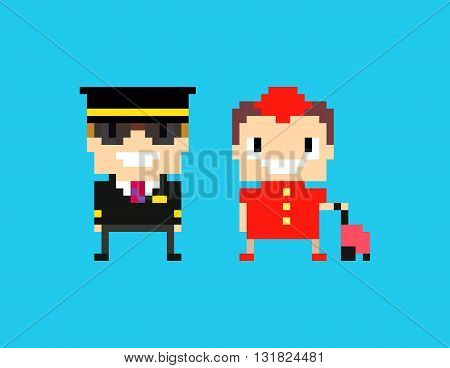 Pixel art cabin crew captain pilot and stewardess isolated on blue background