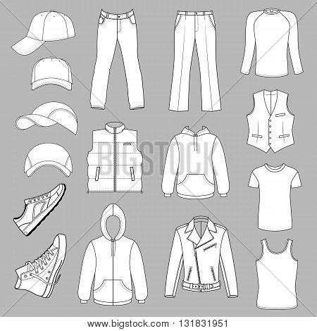 Outlined menswear headgear & shoes season collection vector illustration isolated on grey background