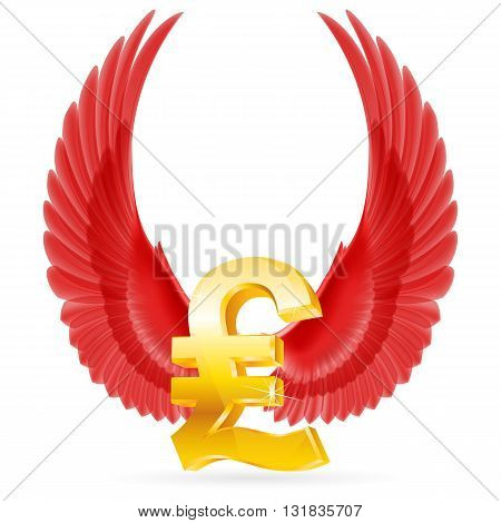 Golden Great Britain pound symbol with red raised up wings