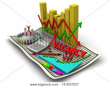 Change in unemployment. Golden charts with arrows of change data indicators electronic calculator a red pencil symbol of man round diagram red word vacancy on the sheet in a cage. The concept of change in the unemployment rate. Isolated. 3D Illustration