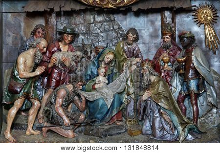 STITAR, CROATIA - AUGUST 27: Nativity Scene, altarpiece in the church of Saint Matthew in Stitar, Croatia on August 27, 2015