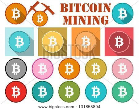 Bitcoin. Bitcoin Symbol, Flat Coin With Shadow. Bitcoin Mining. Set Of Icons.