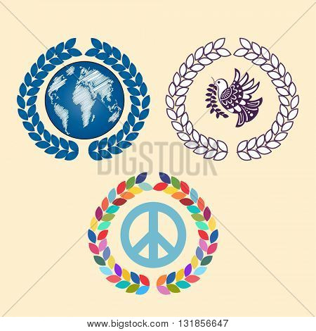 Laural leaves with globe peace sign and peace bird