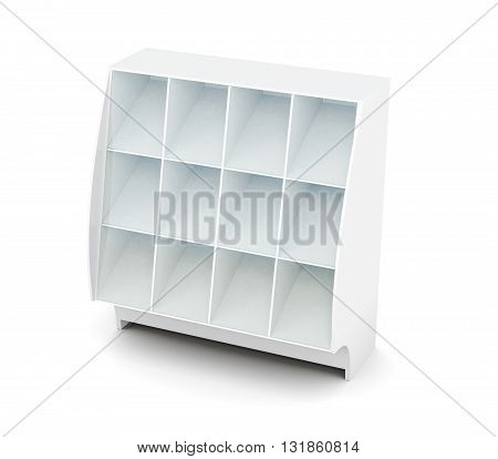 Display with shelves isolated on white background. Supermarket showcase. Glassed showcase. 3d render image