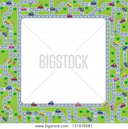 Funny frame or border of roads, grass areas and cars. Children vector illustration or background.
