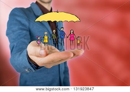 Family life insurance and proprety insurance protecting family family concepts.Man and woman hands making protection gesture.
