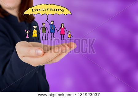 Family life insurance and proprety insurance protecting family family concepts.Woman hands making protection gesture.