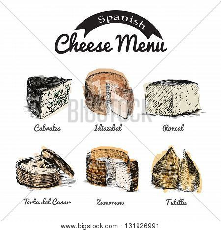 Vector illustrated Set #1 of Spanish Cheese Menu. Illustrative sorts of cheese from Spain