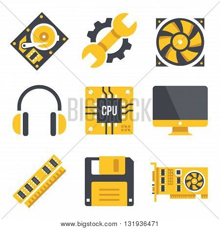 Vector computer hardware icons set. Black and yellow colors. Computer parts, technology, computer hardware concepts. Modern flat design graphic elements. Vector illustration