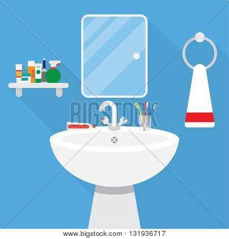 Interior of blue fresh bathroom with wash stand and mirror.