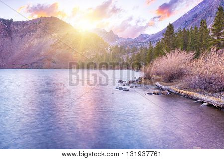 Beautiful vivid sunset at Big Virginia Lake, Eastern Sierra Nevada. California, USA