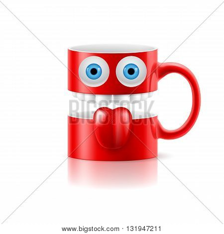 Red mug of two parts with teeth tongue and a couple of blue eyes.