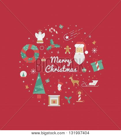 Vector greeting card with Christmas elements in a circle on a red background. 2016 Christmas illustration of a wreath his Santa Claus garland mistletoe snowflakes gift for print.