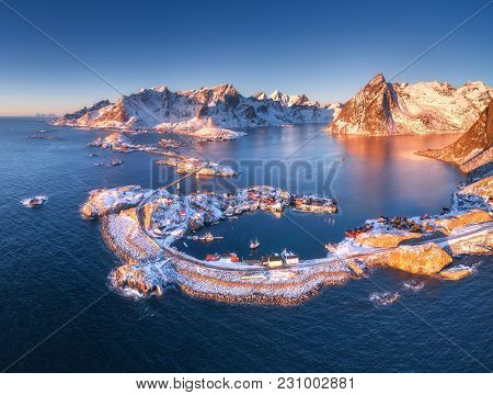 Aerial View Of Reine And Hamnoy At Sunset In Winter