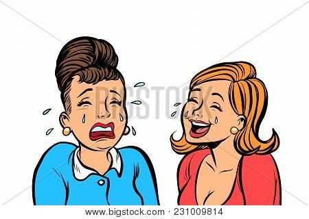 Girlfriend Women One Cries, Other Laughs Isolate On White Background. Comic Book Cartoon Pop Art Ret