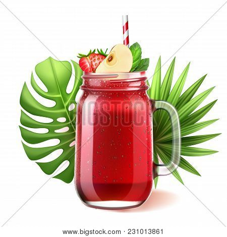 Realistic Smoothie Mason Glass Jar. Vector Strawberry, Watermelon Fruit Juice Drink With Sliced Appl