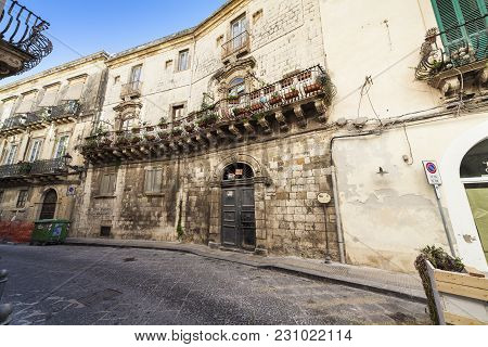 Siracusa, Italy - December, 31: View Of Famous Palazzo Danieli-rizza In Ortigia On December 31, 2017