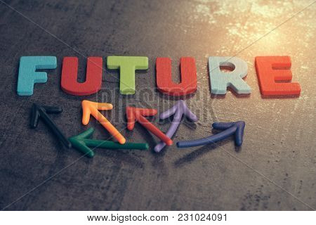 Uncertain Future For Life Journey Concept, Colorful Wooden Alphabets Arrage Word Future With Multi D